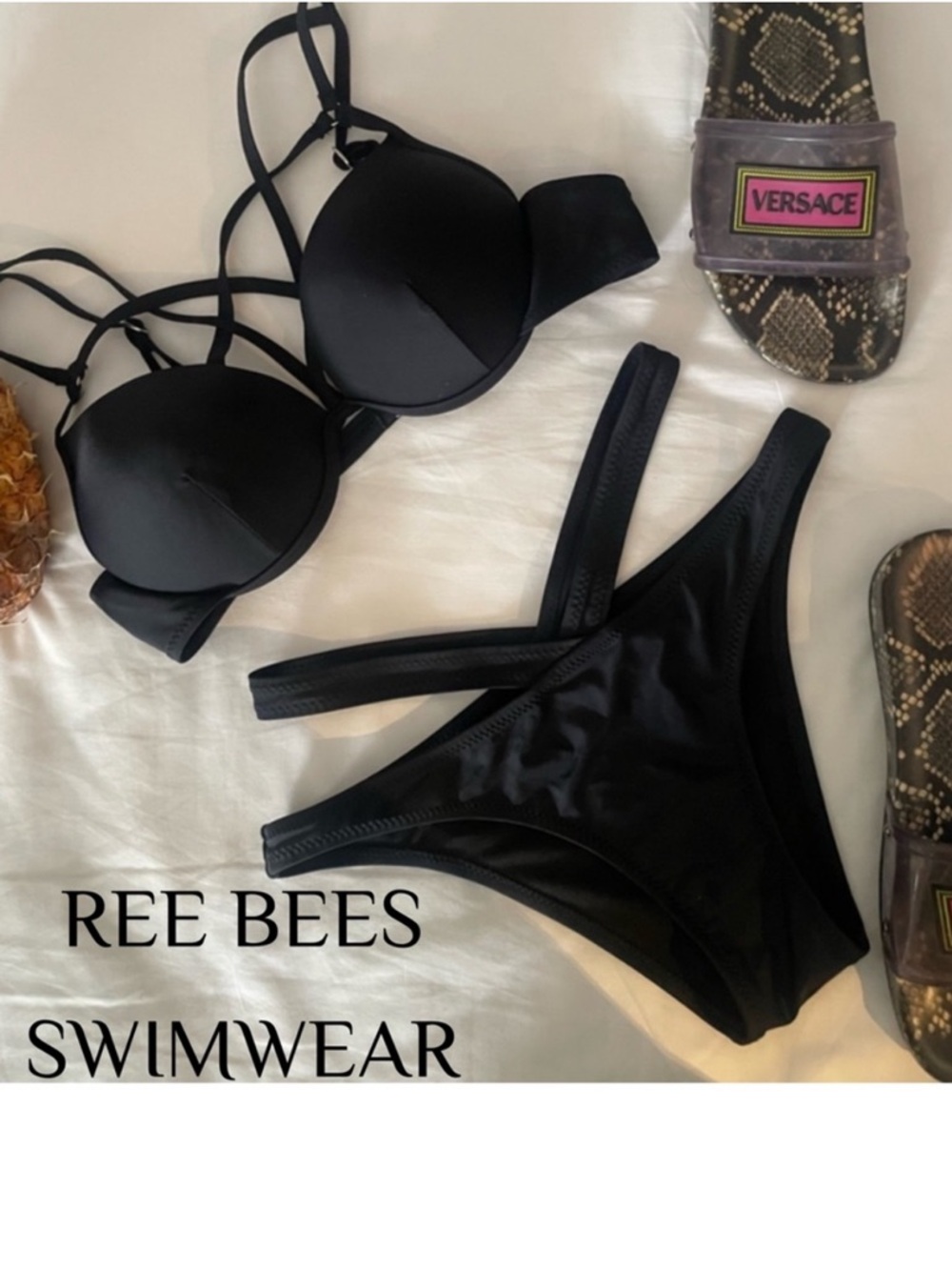 Ree Bees Black Strappy Bikini Set Padded Adjustable Medium M
